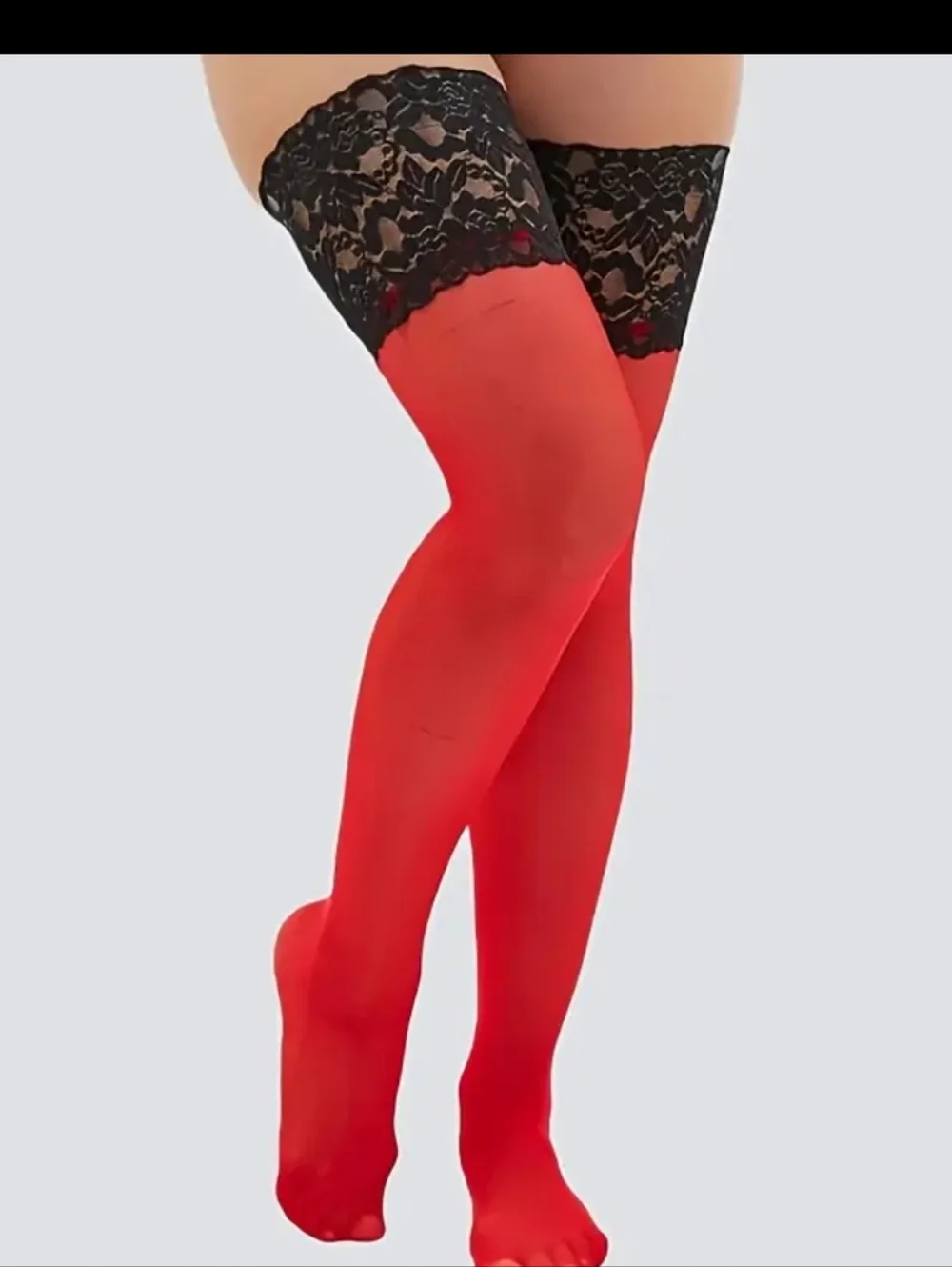 Sheer Red Thigh High Stockings W/Black Wide Stay Up Silicone Lace Top Band (OS)